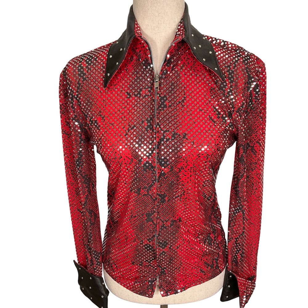 TLC‎ Leather Top Womens XS Red Black Sequin Snake Disco Western Zip Shirt USA